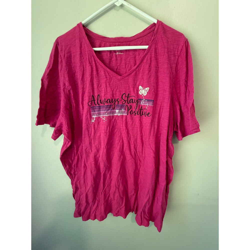 Catherines Pink Always Stay Positive Butterfly Graphic V-Neck Tee 1X 18/20W
